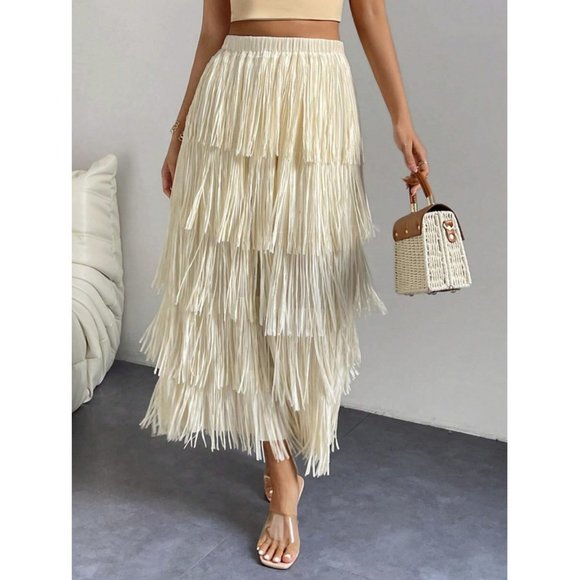 High Waist Fringe Trim Skirt Cream - Picture 4 of 5